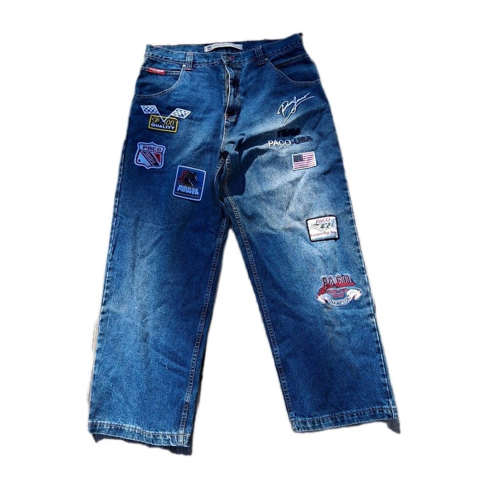 Vintage Paco Jeans Mens  36x31 Blue Denim Baggy Racing Patches Y2K